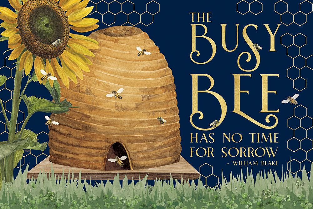 Honey Bees And Flowers Please landscape on blue II-Busy Bee art print by Tara Reed for $57.95 CAD