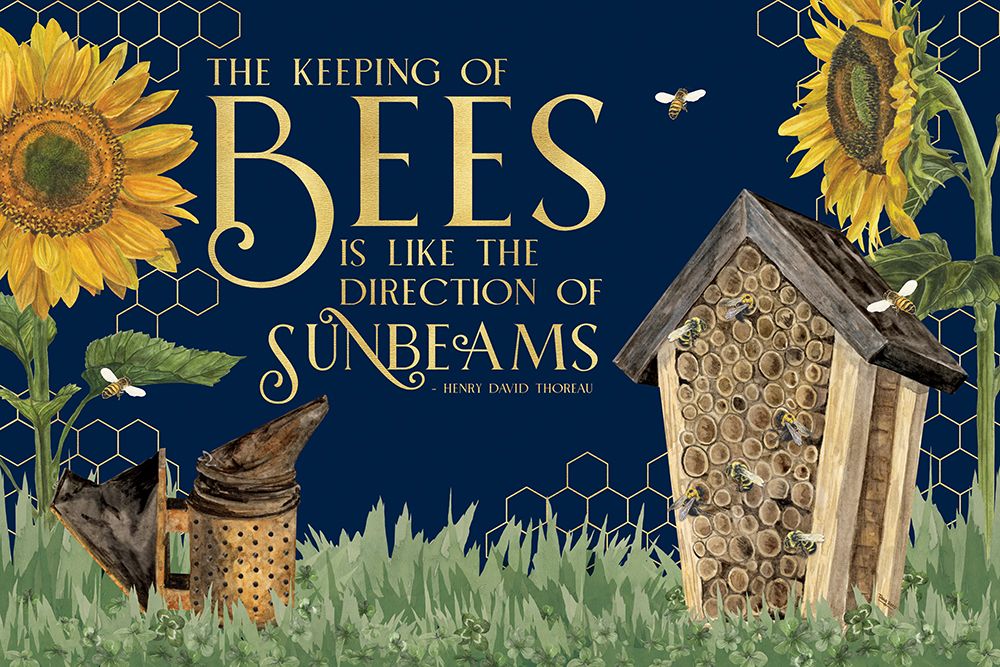 Honey Bees And Flowers Please landscape on blue IV-Sunbeams art print by Tara Reed for $57.95 CAD