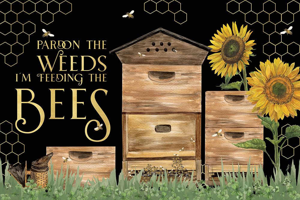 Honey Bees And Flowers Please landscape on black I-Pardon the Weeds art print by Tara Reed for $57.95 CAD