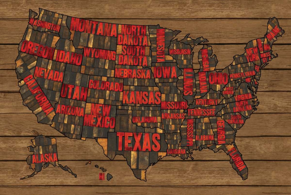 Printers Block US Map Red art print by Tara Reed for $57.95 CAD