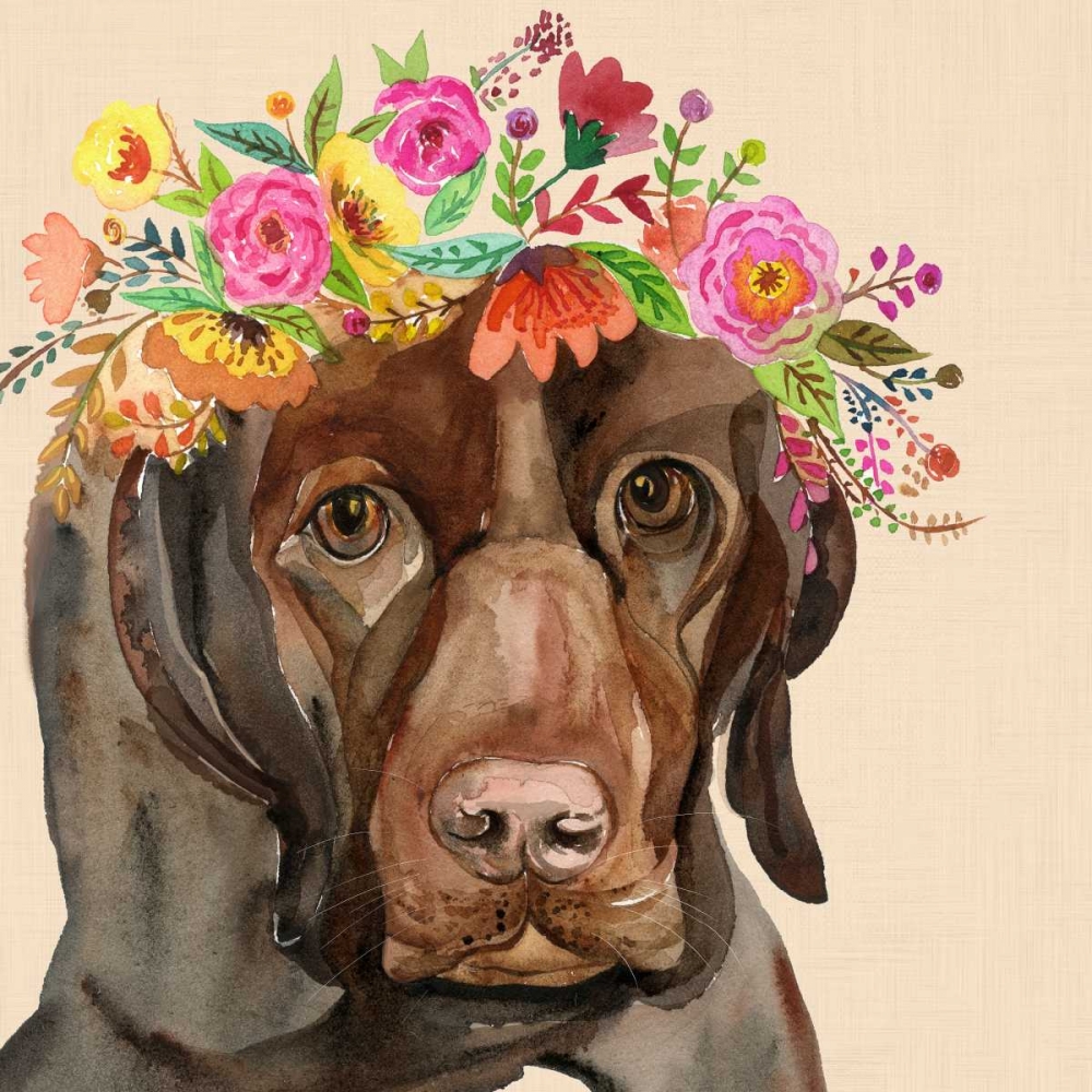 Dog with a wreath of colorful blossoms I art print by Jin Jing for $57.95 CAD