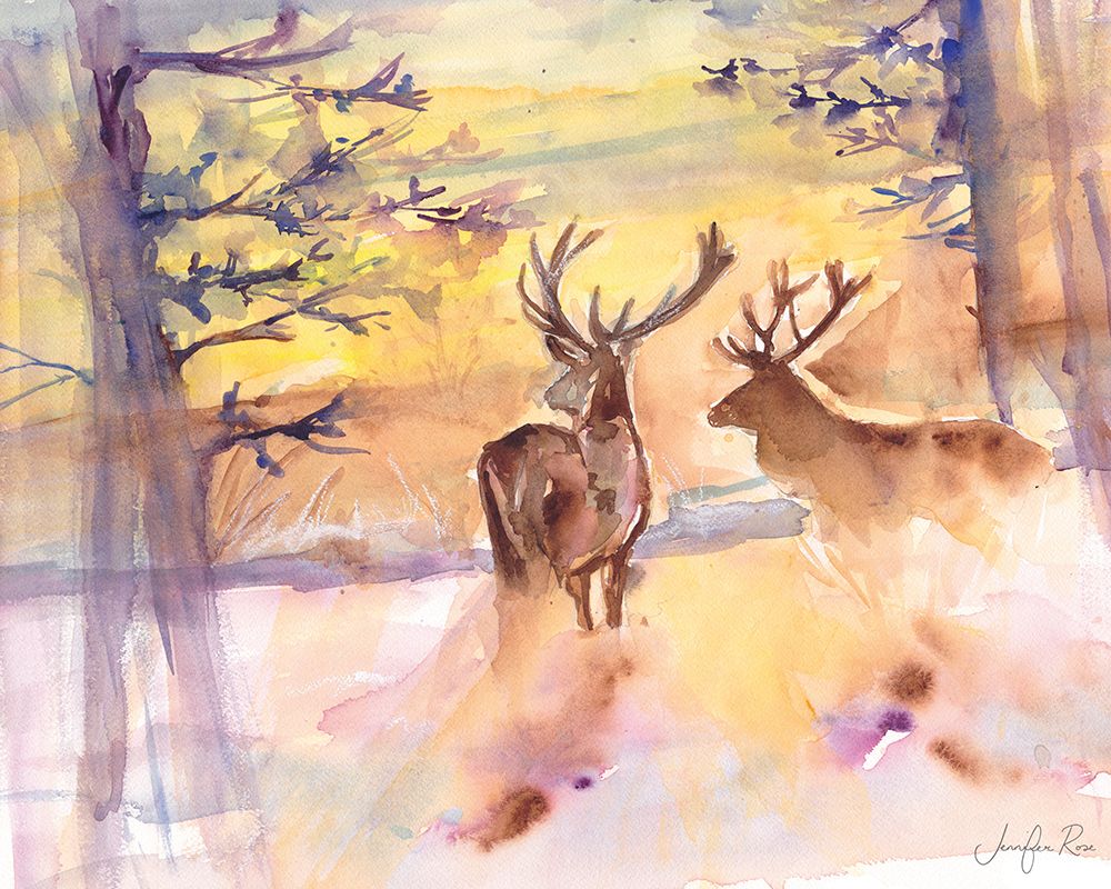 Stag Winter Sunset art print by Jennifer Rose for $57.95 CAD