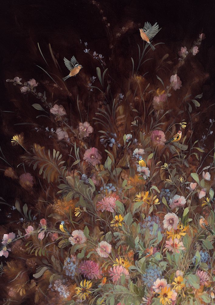 Hollyhock Chaffinches art print by Fletcher Prentice for $57.95 CAD