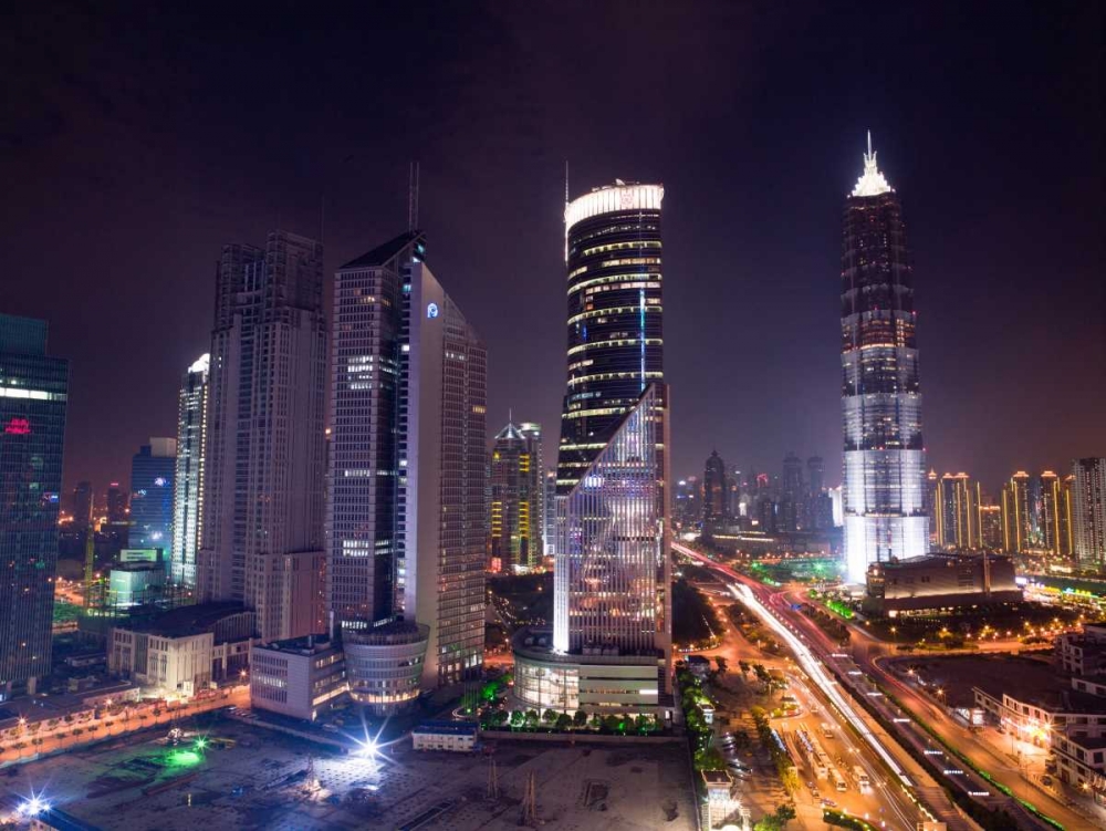 elevated view of skyscrapers at night, Shanghai art print by Assaf Frank for $57.95 CAD