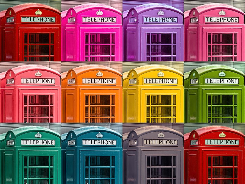 Multicoloured telephone boxes art print by Assaf Frank for $57.95 CAD