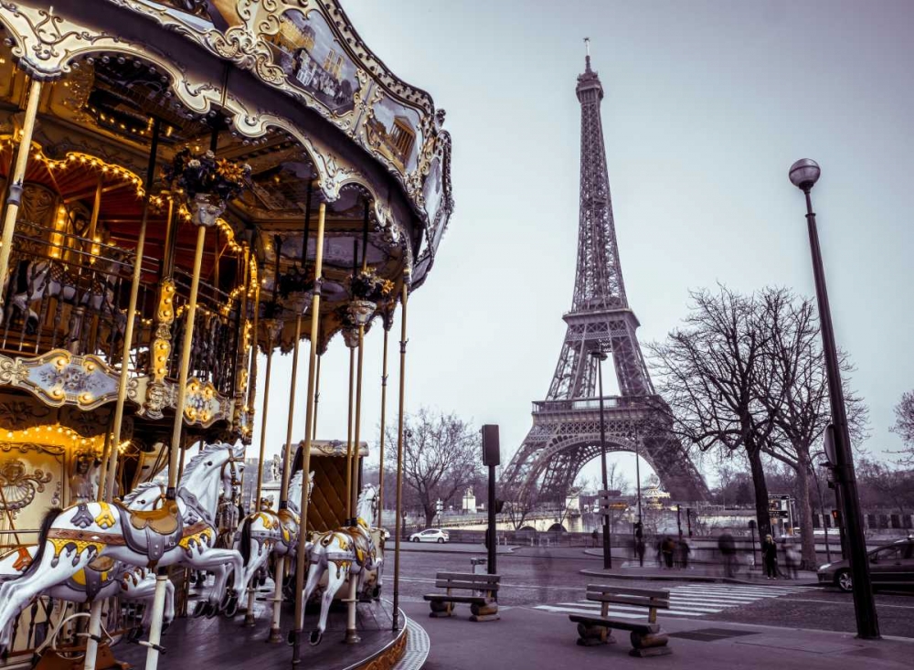 Carousel with the Eiffel tower in the background art print by Assaf Frank for $57.95 CAD