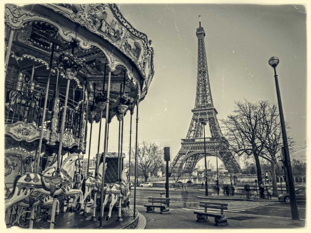 Carousel with the Eiffel tower in the background art print by Assaf Frank for $57.95 CAD