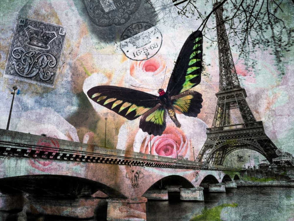 Eiffel tower with butterfly and roses overlay art print by Assaf Frank for $57.95 CAD