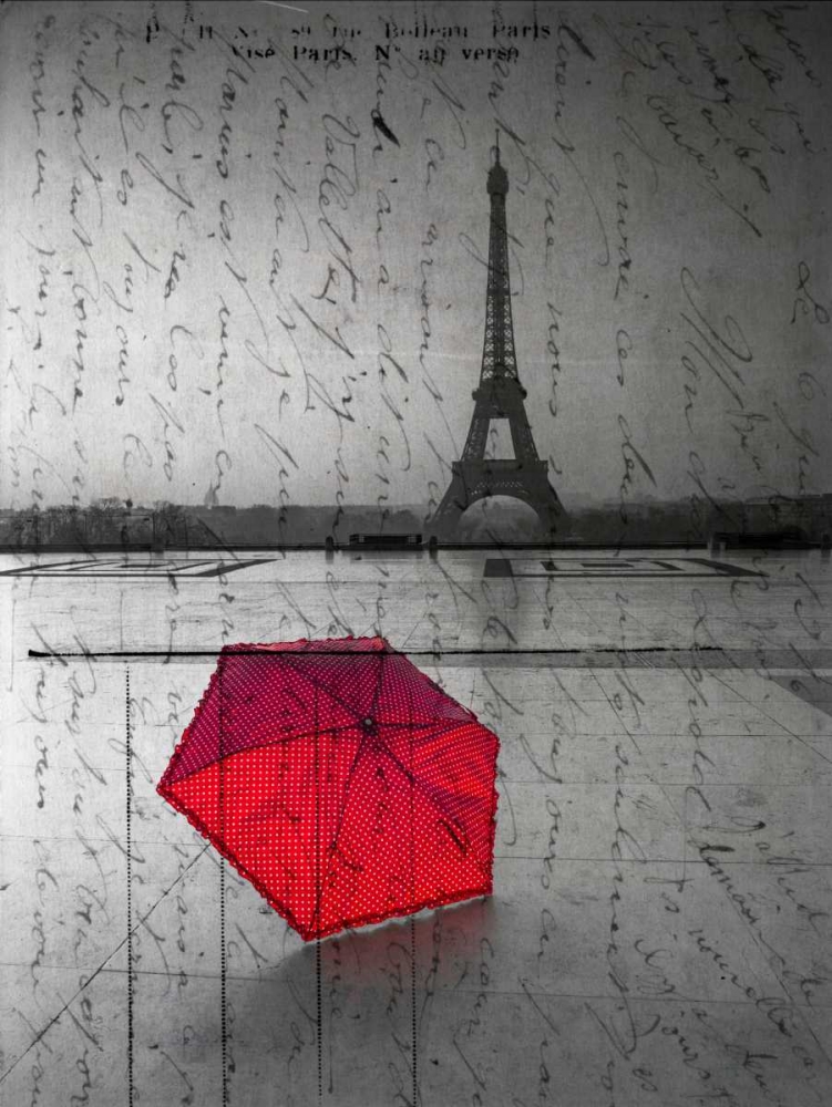 Red umbrella in front of the Eiffel tower with handwritting overlay art print by Assaf Frank for $57.95 CAD
