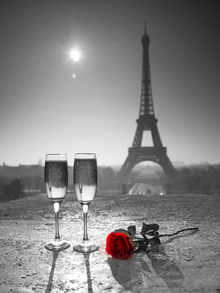 Champagne glasses with red rose next to the Eiffel tower art print by Assaf Frank for $57.95 CAD