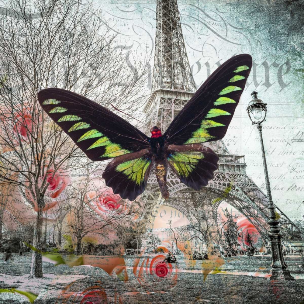Eiffel tower with butterfly and roses overlay art print by Assaf Frank for $57.95 CAD