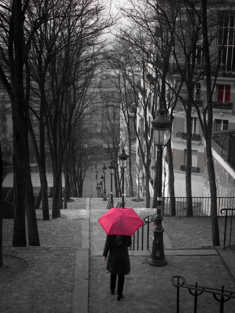 Woman with red umbrella standing on staircase in Montmartre, Paris, France art print by Assaf Frank for $57.95 CAD