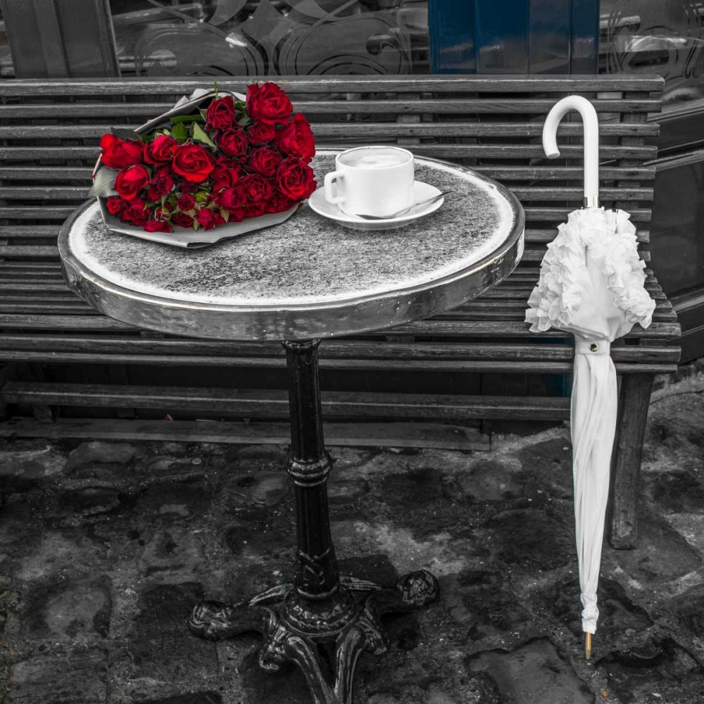 Bunch of flowers on sidewalk cafe table, Paris, France art print by Assaf Frank for $57.95 CAD