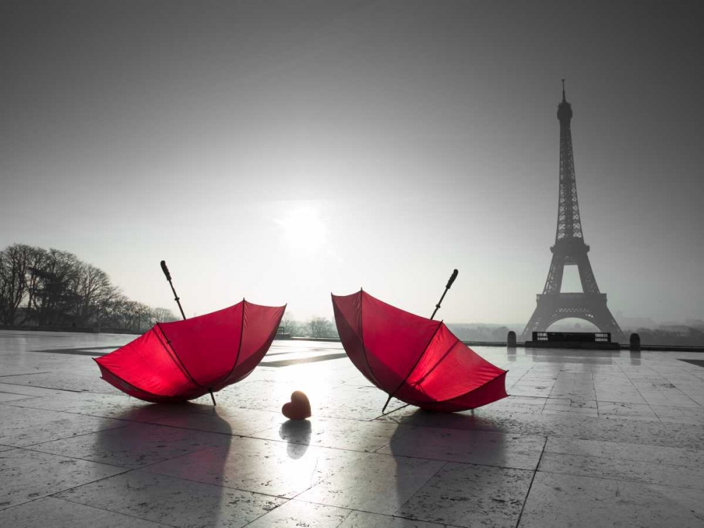 Two umbrellas next to the Eiffel tower art print by Assaf Frank for $57.95 CAD