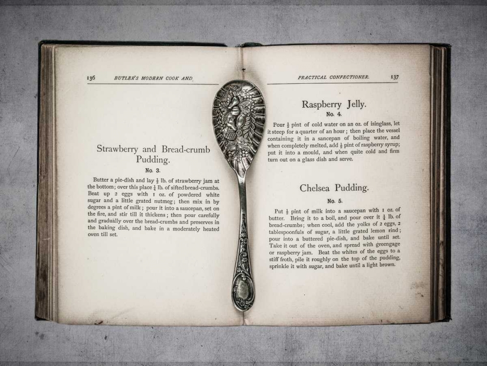 Old cookery book open with an old jam spoon art print by Assaf Frank for $57.95 CAD