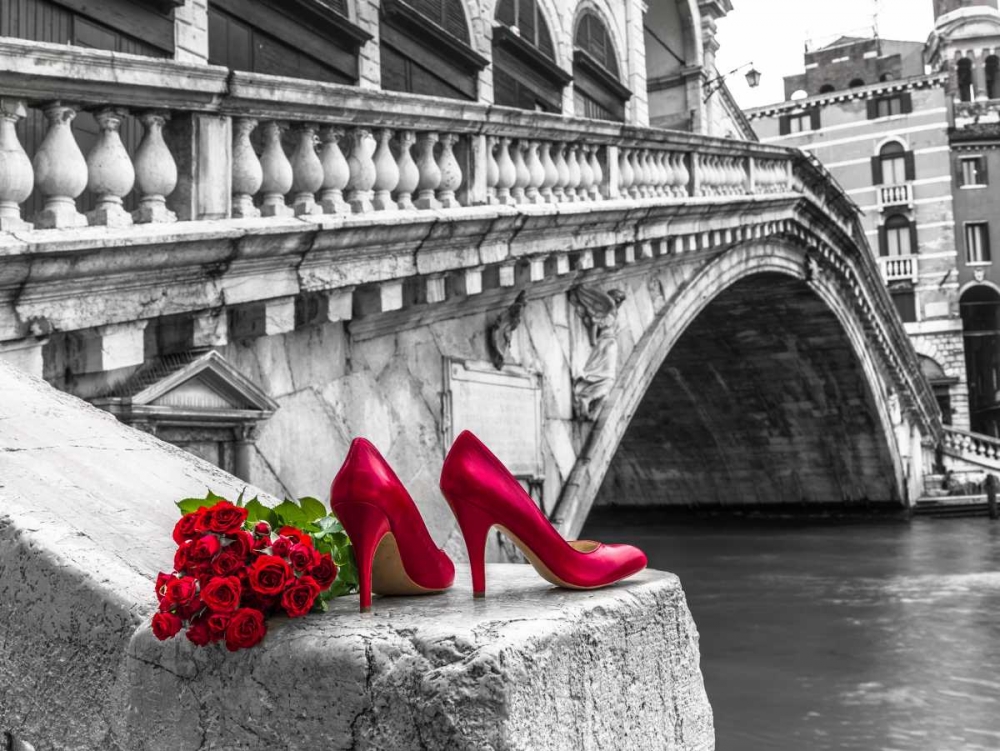 Bunch of red roses and red high heel shoes, Rialto Bridge, Venice, Italy art print by Assaf Frank for $57.95 CAD
