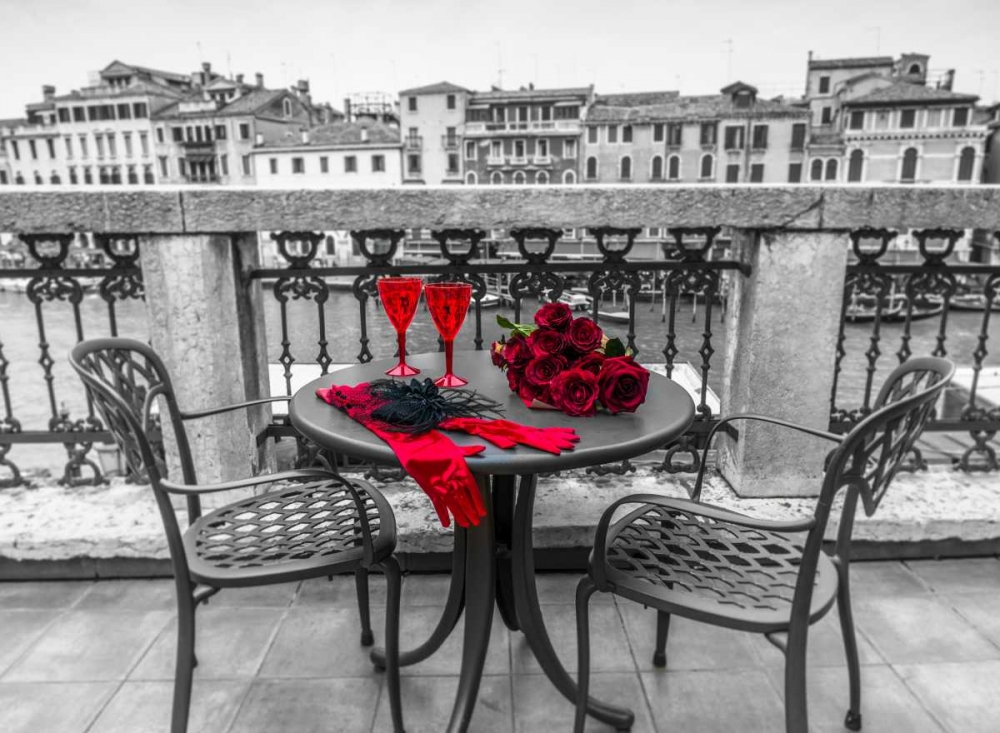 Bunch of Roses with wine glasses and female hand gloves on cafe table, Venice, Italy art print by Assaf Frank for $57.95 CAD
