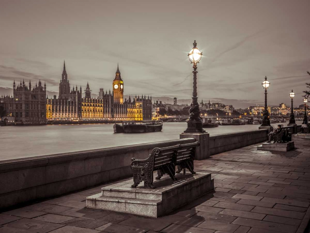Benchs by the walkway next to river thames, London, Uk art print by Assaf Frank for $57.95 CAD