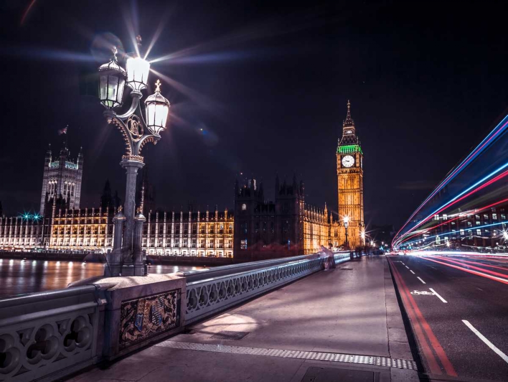 Westminster Bridge on river Thames with strip lights, London, UK art print by Assaf Frank for $57.95 CAD