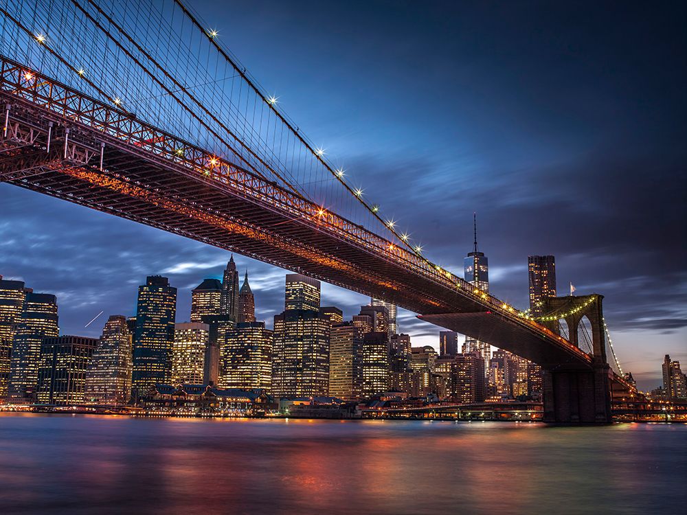 Brooklyn Bridge and lower Manhattan skyline at dusk, New York art print by Assaf Frank for $57.95 CAD