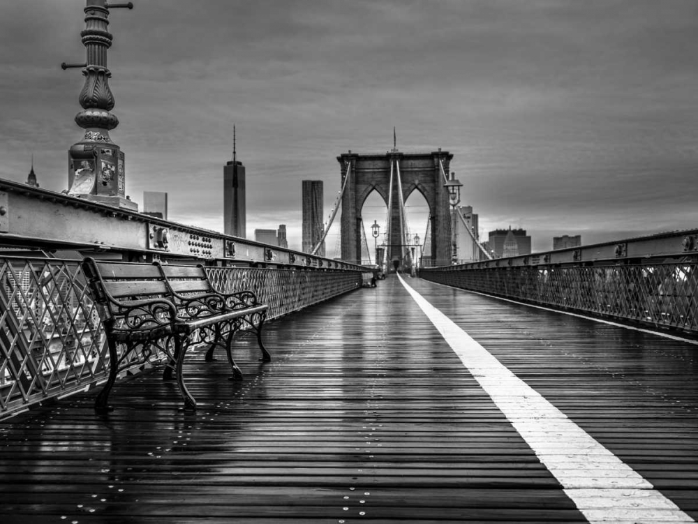 Empty bench on the pedestrian walkway of the Brooklyn Bridge, New York art print by Assaf Frank for $57.95 CAD