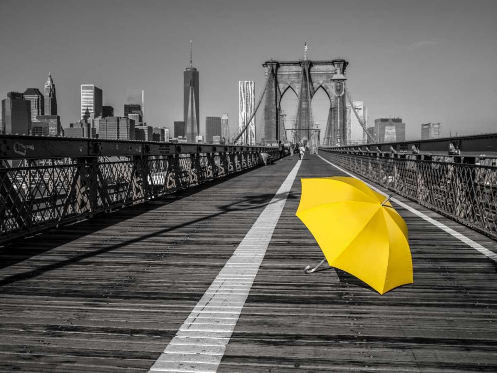 Yellow umbrella on pedestrian walkway on Brooklyn bridge, New York art print by Assaf Frank for $57.95 CAD