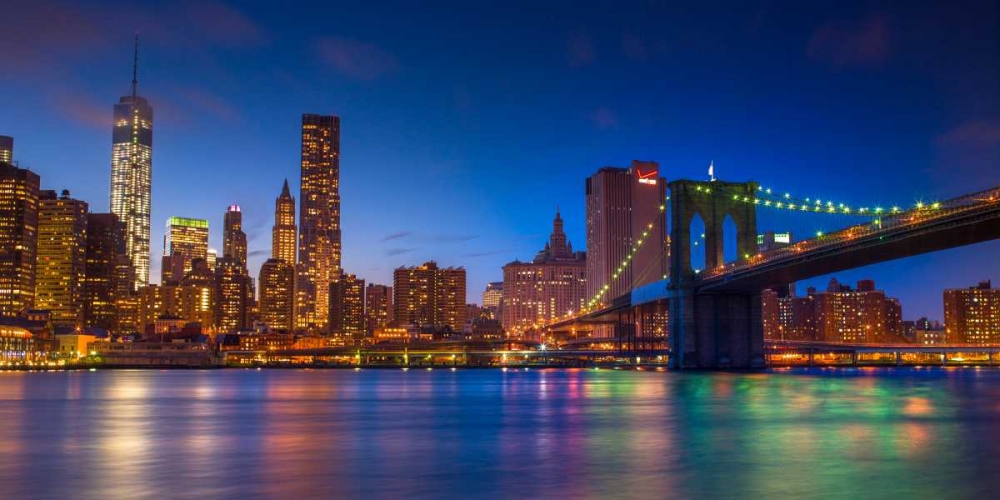 Evening shot of Lower Manhattan skyline and Brooklyn Bridge, New York art print by Assaf Frank for $57.95 CAD