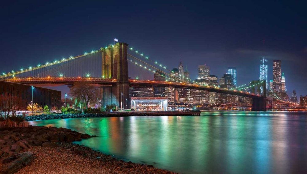 Evening shot of Brooklyn Bridge and Lower Manhattan skyline, New York art print by Assaf Frank for $57.95 CAD