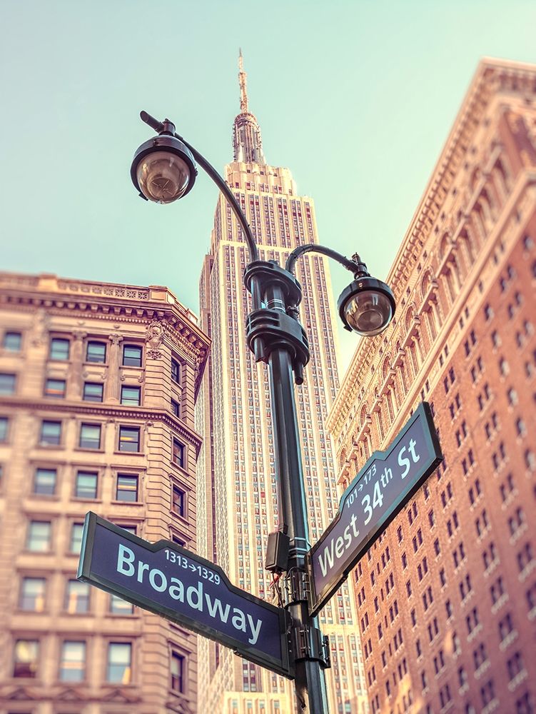 Street lamp and street signs with Empire State building in background - New York art print by Assaf Frank for $57.95 CAD