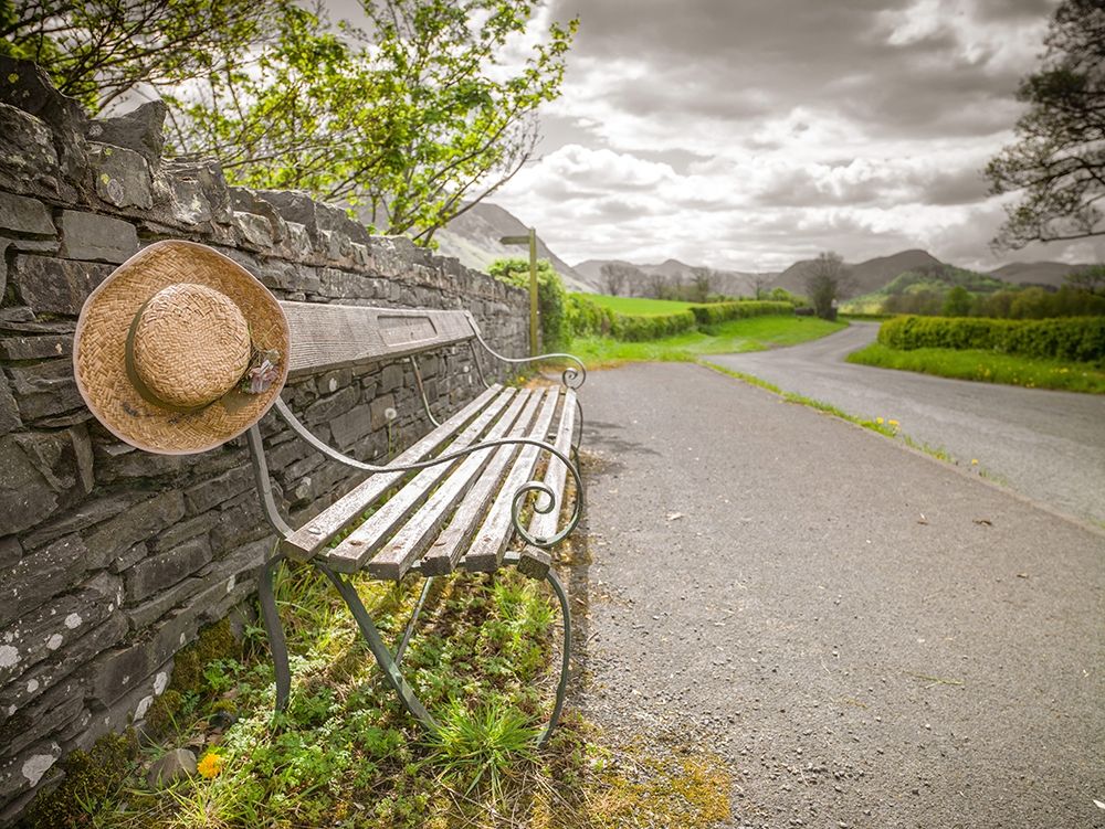 Bench with a hat on countryside road art print by Assaf Frank for $57.95 CAD