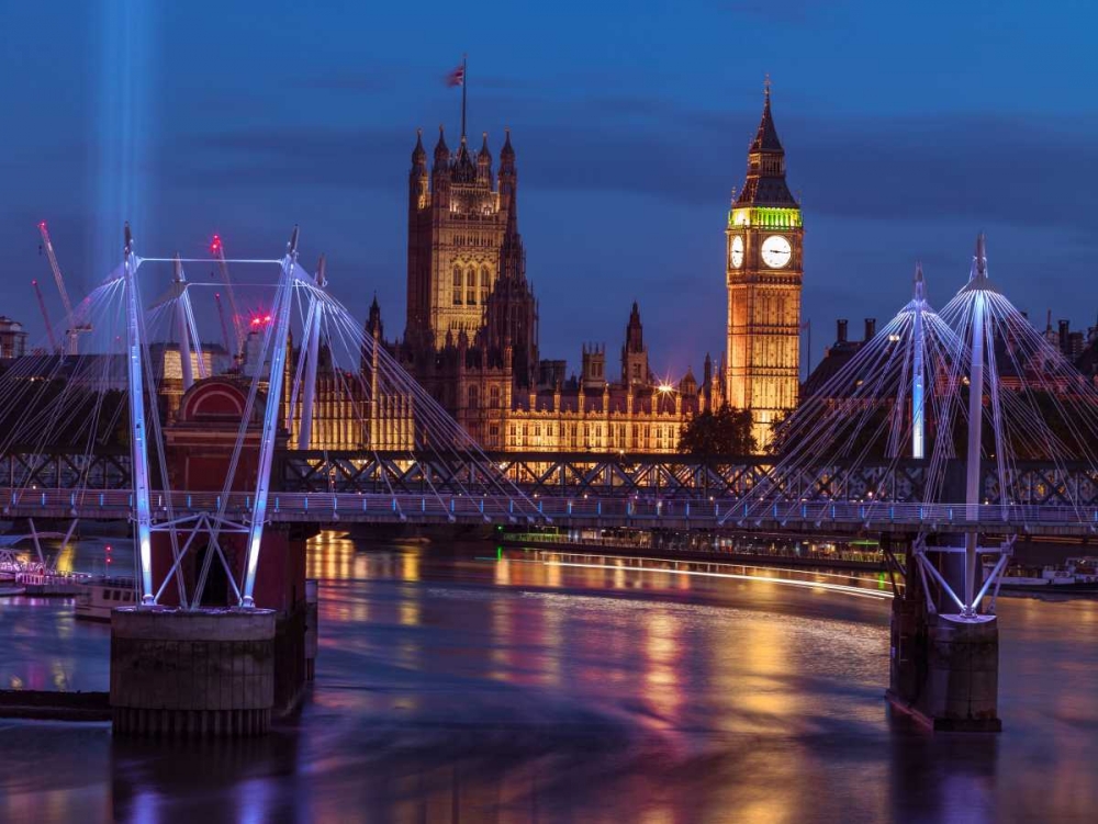Evening view of Golden Jubilee over River Thames with Westminster Abby art print by Assaf Frank for $57.95 CAD