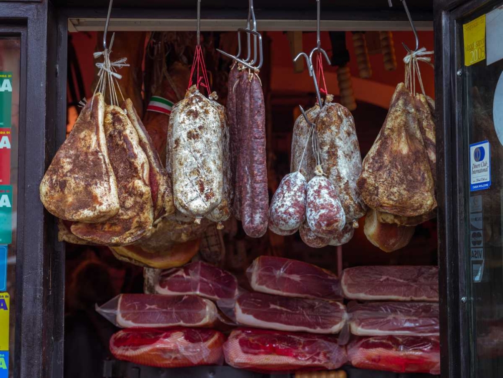 Various salami hanging in a window of an Italian Salami shop, Rome, Italy art print by Assaf Frank for $57.95 CAD