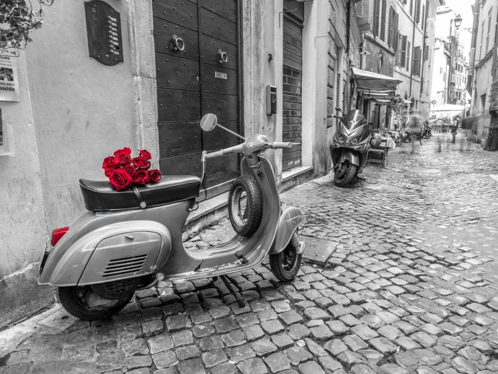 Old scooter with bunch of roses on narrow street of Rome art print by Assaf Frank for $57.95 CAD