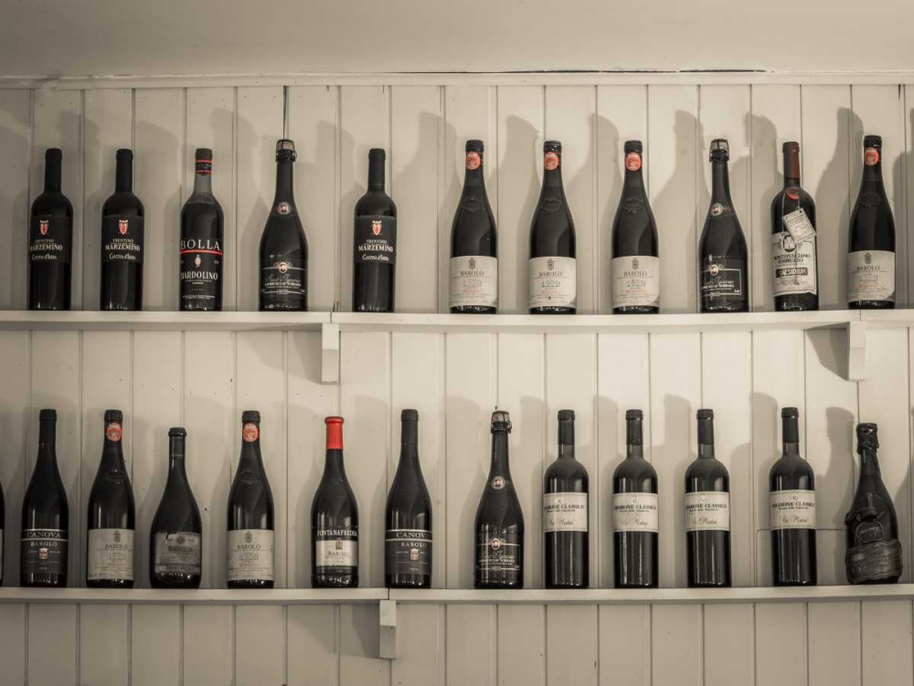 Old wine bottles on wooden shelf art print by Assaf Frank for $57.95 CAD