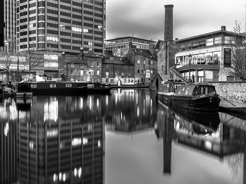 Narrow canal with small boats in Birmingham, UK art print by Assaf Frank for $57.95 CAD