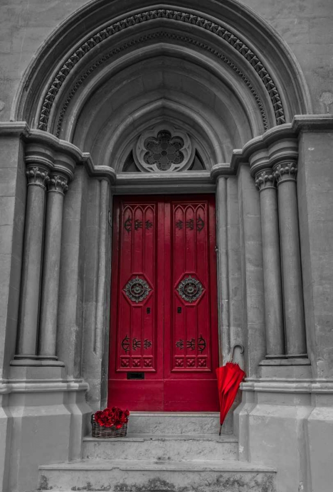 Bunch of roses with umbrella at door of a building in Mdina, Malta art print by Assaf Frank for $57.95 CAD