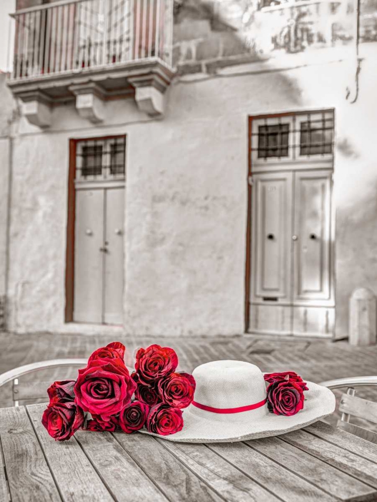 Female hat with bunch of roses on cafe table, Malta art print by Assaf Frank for $57.95 CAD
