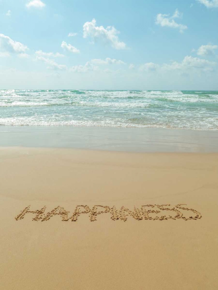 Word Happiness written in sand on the beach art print by Assaf Frank for $57.95 CAD