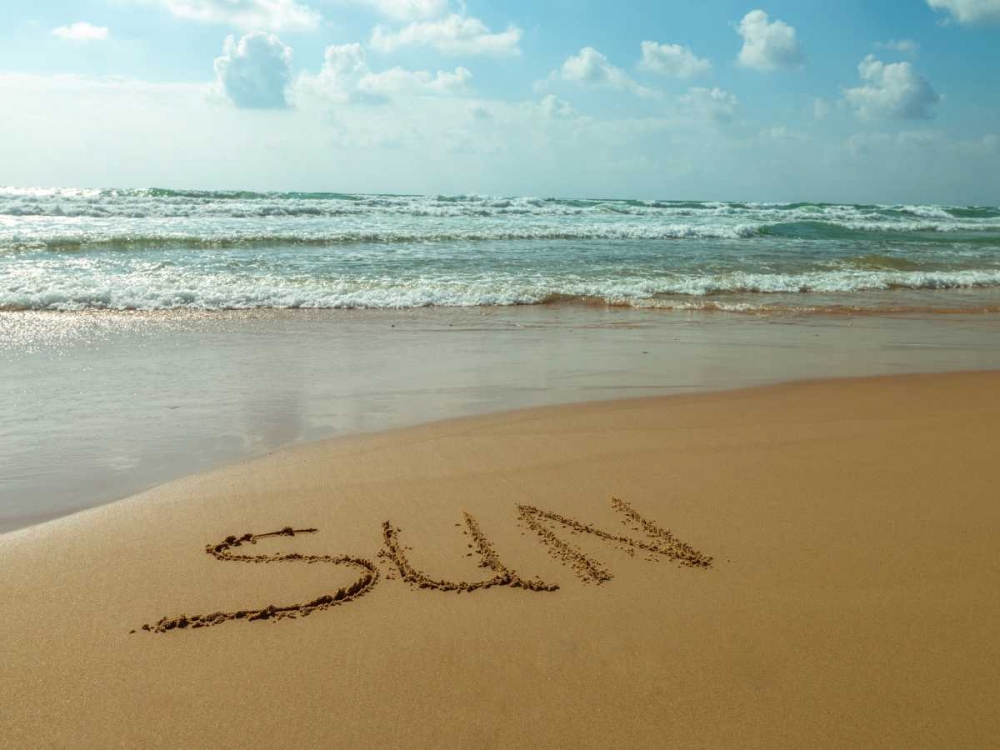 Word Sun written in sand on the beach art print by Assaf Frank for $57.95 CAD