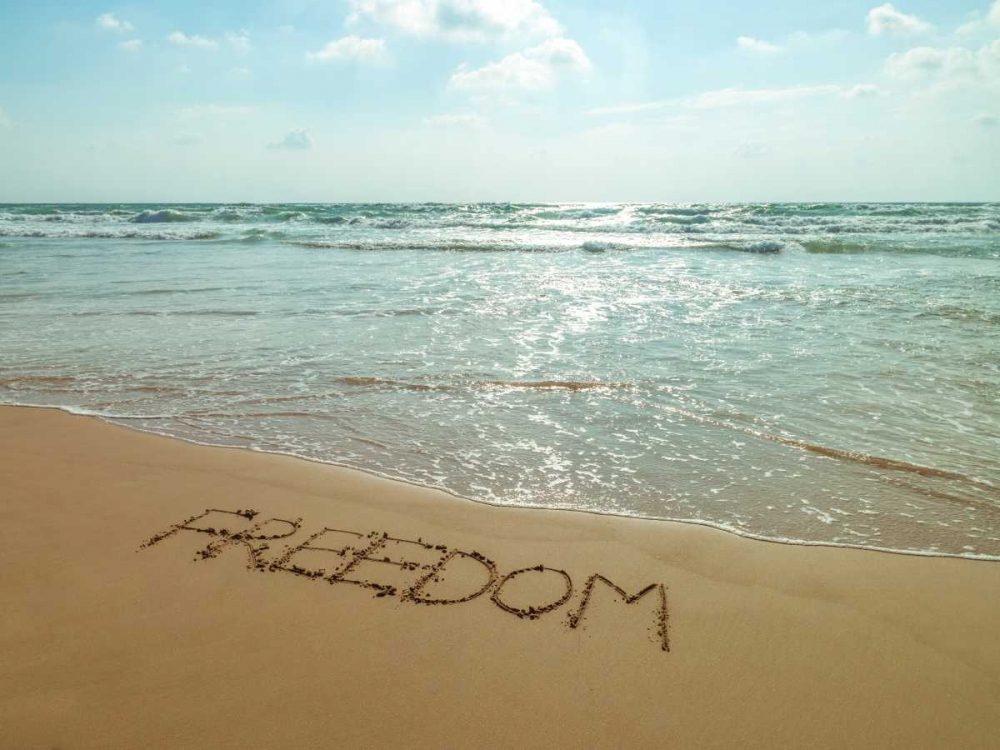 Word Freedom written in sand on the beach art print by Assaf Frank for $57.95 CAD