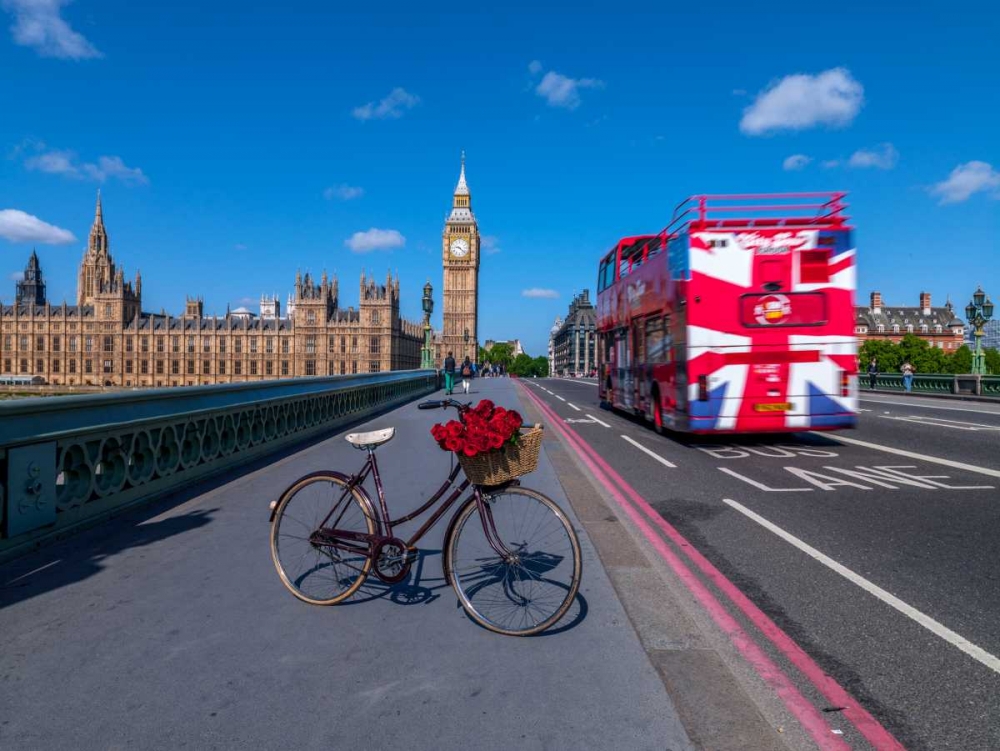 Bicycle with bunch of flowers on Westminster Bridge , London, UK art print by Assaf Frank for $57.95 CAD