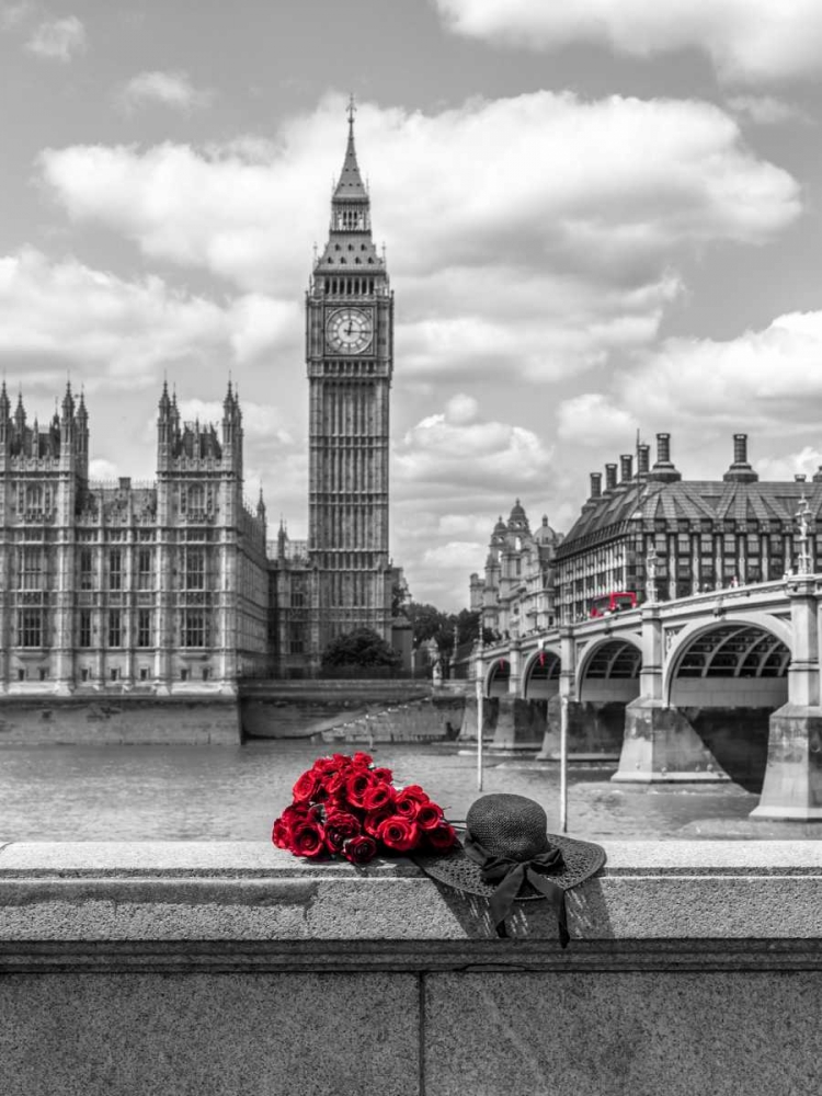 Bunch of Roses and hat on Thames promenade agaisnt Big Ben, London, UK art print by Assaf Frank for $57.95 CAD