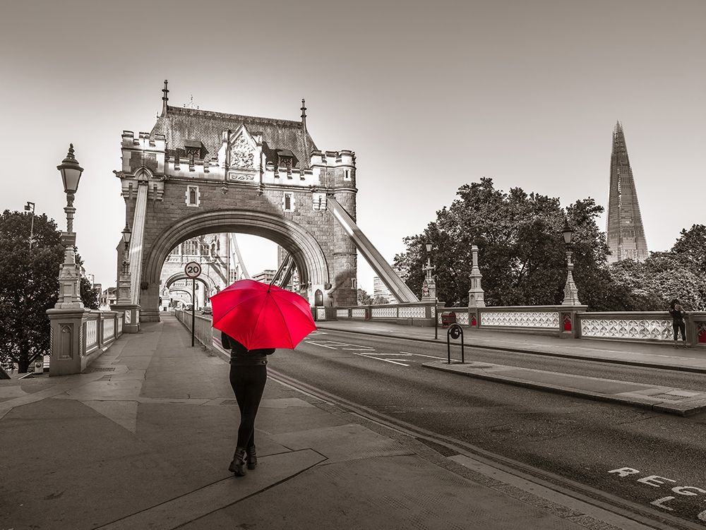 Tourist with umbrella on Tower Bridge, London, UK art print by Assaf Frank for $57.95 CAD