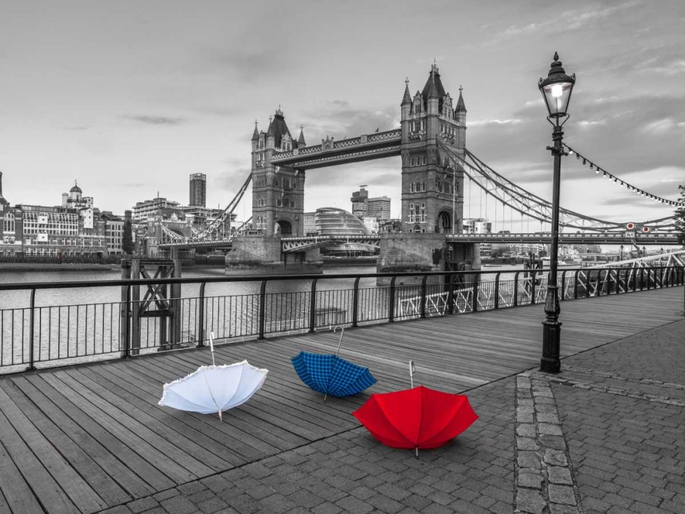Colorful umbrellas on promenade near Tower bridge, London, UK art print by Assaf Frank for $57.95 CAD