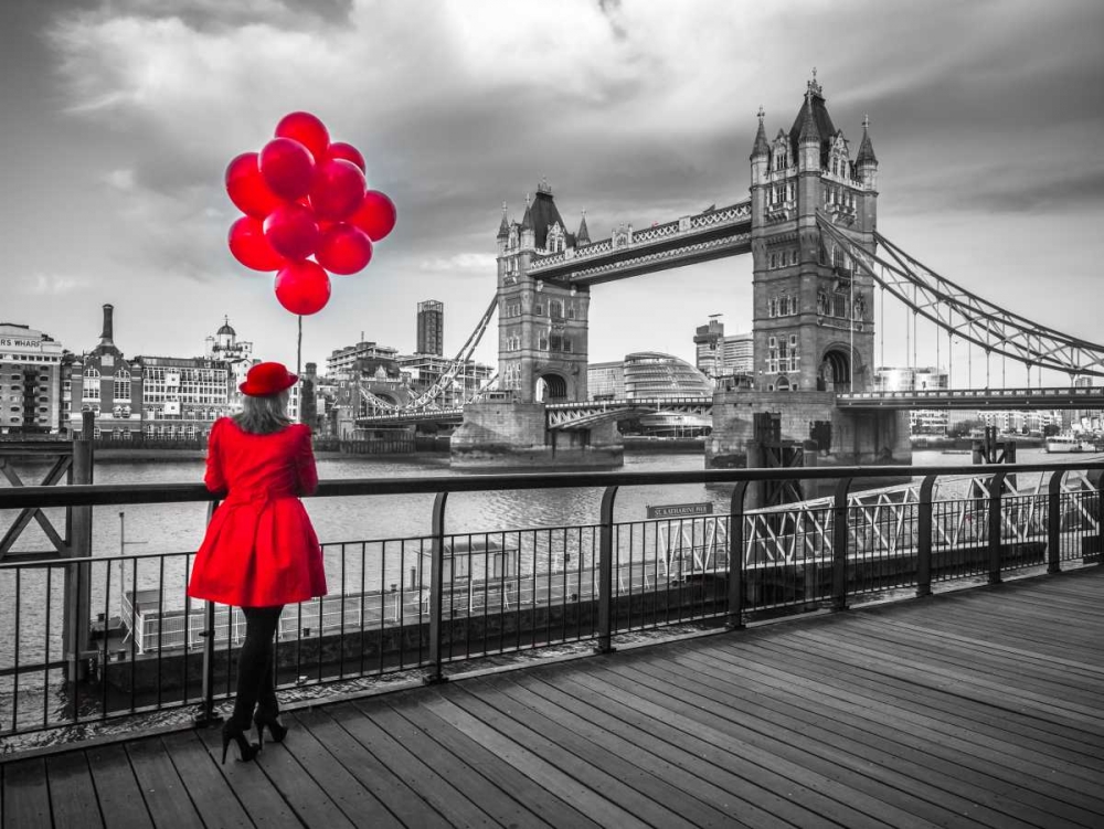 Woman with red balloons, standing on promenade near Tower Bridge, London, UK art print by Assaf Frank for $57.95 CAD