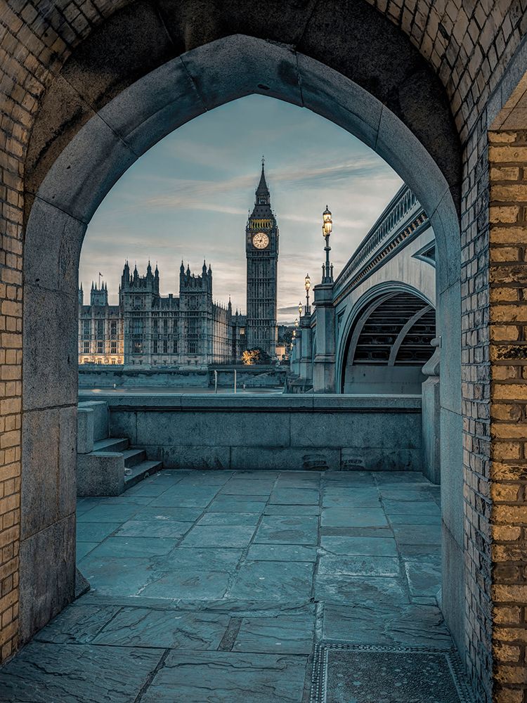 View of Westminster Abby and Big Ben from Thames promenade arch, London, UK art print by Assaf Frank for $57.95 CAD