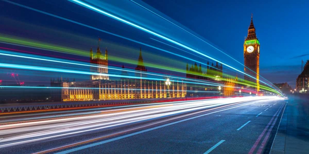 Westminster Abby and Big Ben with strip lights, London, UK art print by Assaf Frank for $57.95 CAD