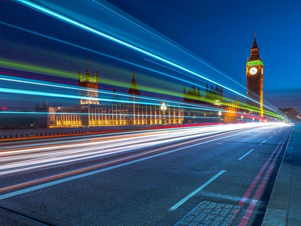 Westminster Abby and Big Ben with strip lights, London, UK art print by Assaf Frank for $57.95 CAD