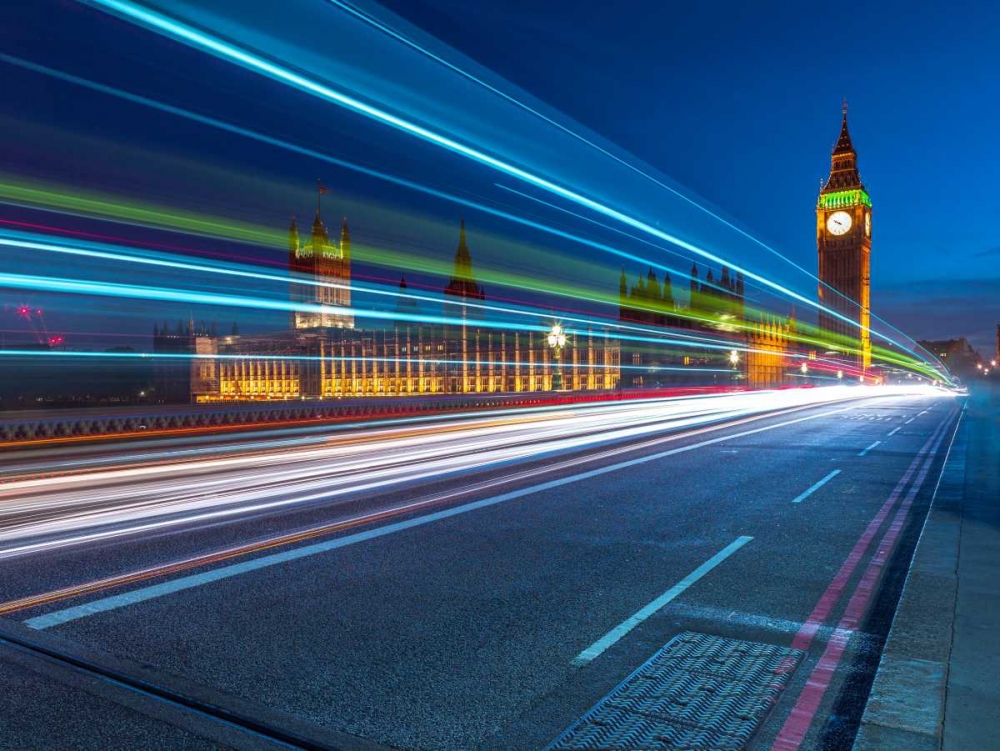 Westminster Abby and Big Ben with strip lights, London, UK art print by Assaf Frank for $57.95 CAD