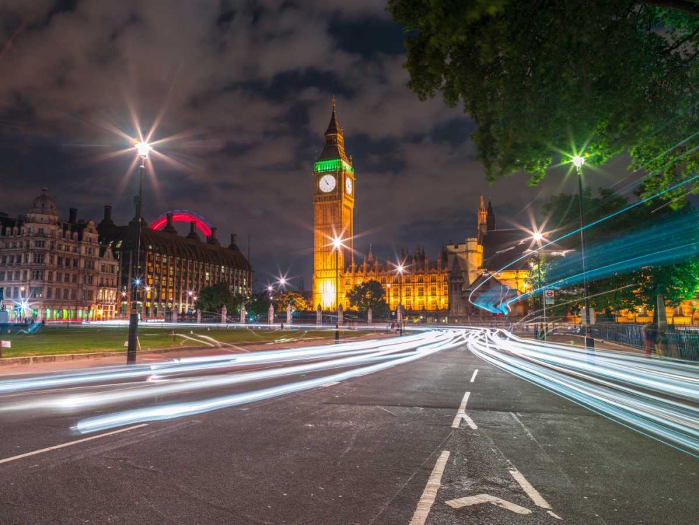 Westminster Abby and Big Ben with strip lights, London, UK art print by Assaf Frank for $57.95 CAD